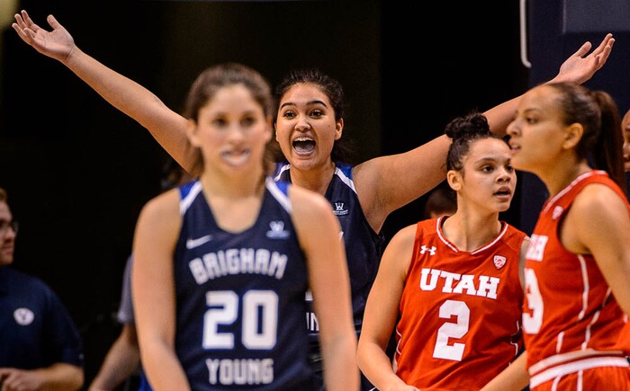 (Trent Nelson | The Salt Lake Tribune)  Brigham Young Cougars forward Shalae Salmon (3) protests a foul as BYU hosts Utah, NCAA women's basketball in Provo, Saturday December 9, 2017.