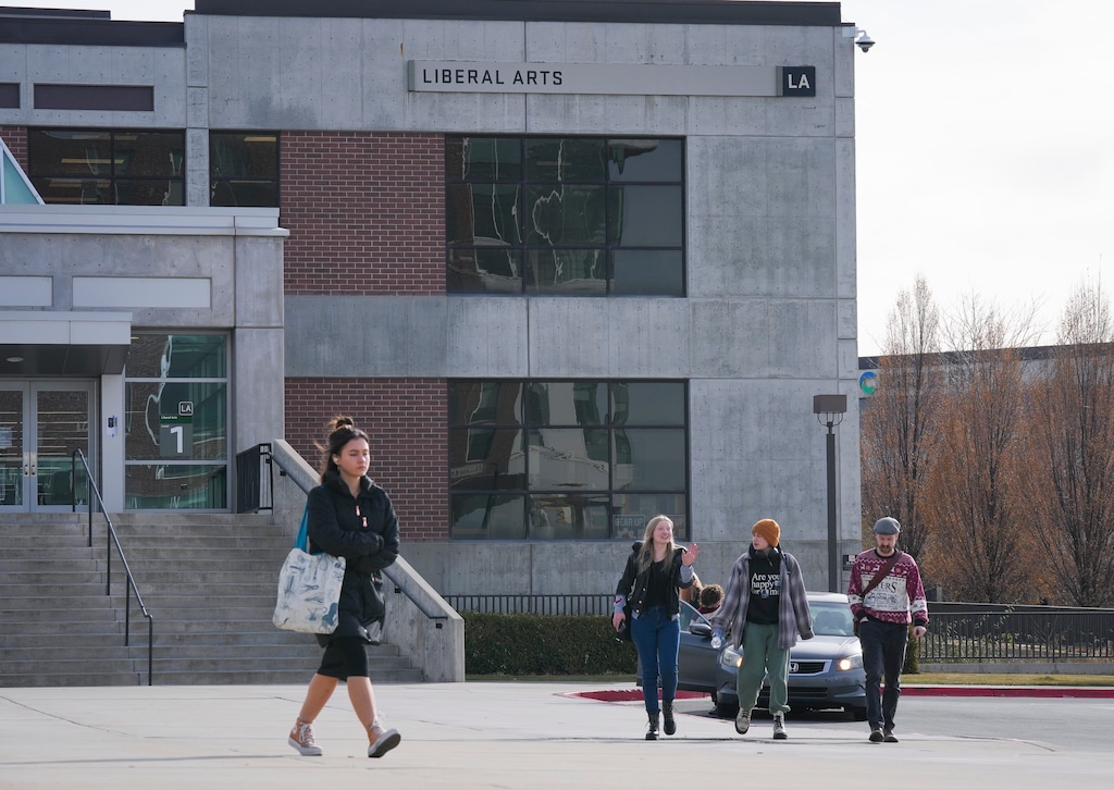 (Bethany Baker  |  The Salt Lake Tribune) Students walk on campus at Utah Valley University in Orem on Wednesday, Dec. 11, 2024.