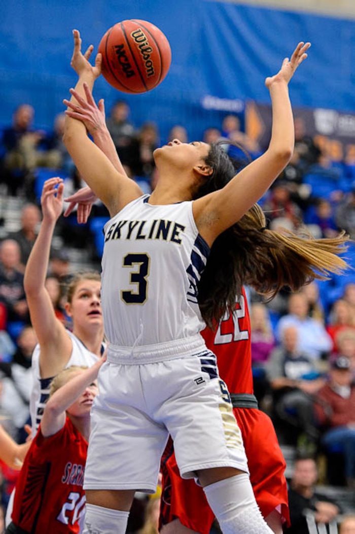 (Trent Nelson | The Salt Lake Tribune)  Skyline's Kiana Eskelson (3) as Skyline faces Springville in the 5A High School Girls' Basketball Tournament at SLCC in Taylorsville, Wednesday Feb. 21, 2018.