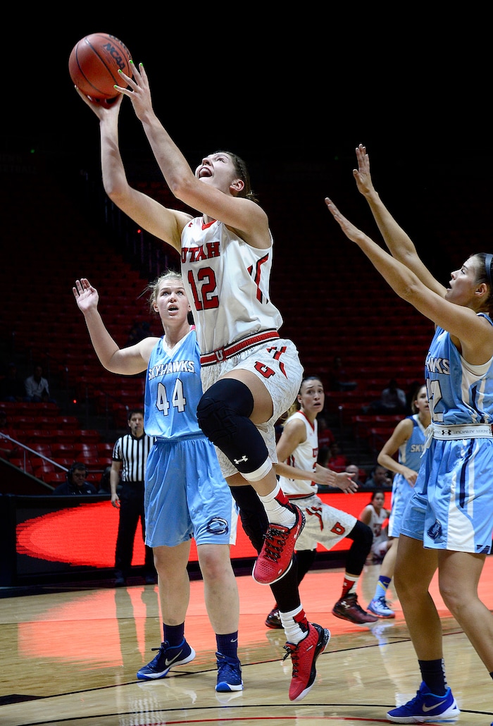 Scott Sommerdorf   |  The Salt Lake Tribune
Utah F Emily Potter drives for a shot during first half play. Utah led Fort Lewis 46-32 at the half, Friday, November 6, 2015.