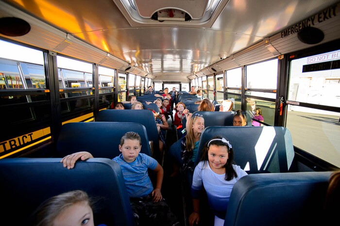(Trent Nelson | The Salt Lake Tribune)
Fourth graders from Terra Linda Elementary arrive at a news conference introducing thirty-six new CNG school buses have been added to the Jordan School District fleet this year, bringing the total to 105, the largest fleet of CNG school buses in Utah. Wednesday Sept. 12, 2018.