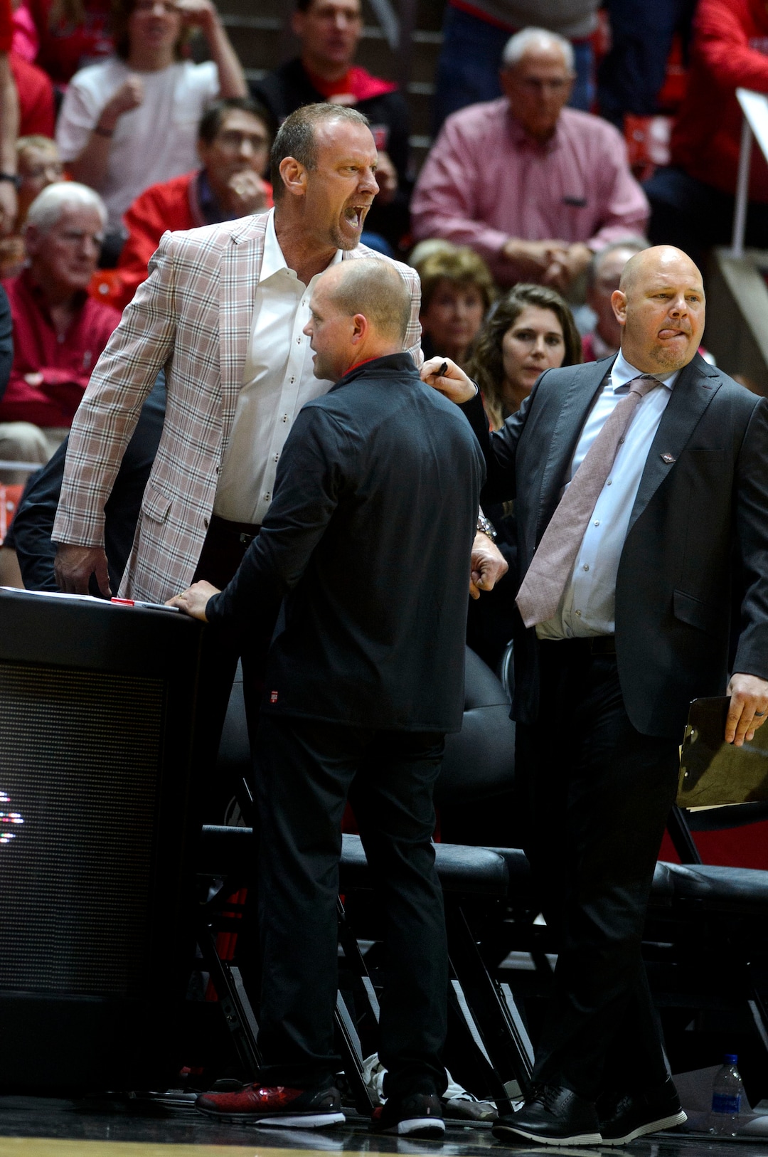 (Steve Griffin  |  The Salt Lake Tribune) University of Utah head coach Larry Krystkowiak screams at the refs after he was ejected from the game during the Utah versus UC Davis men's NIT basketball game at the Huntsman Center in Salt Lake City Wednesday March 14, 2018. 