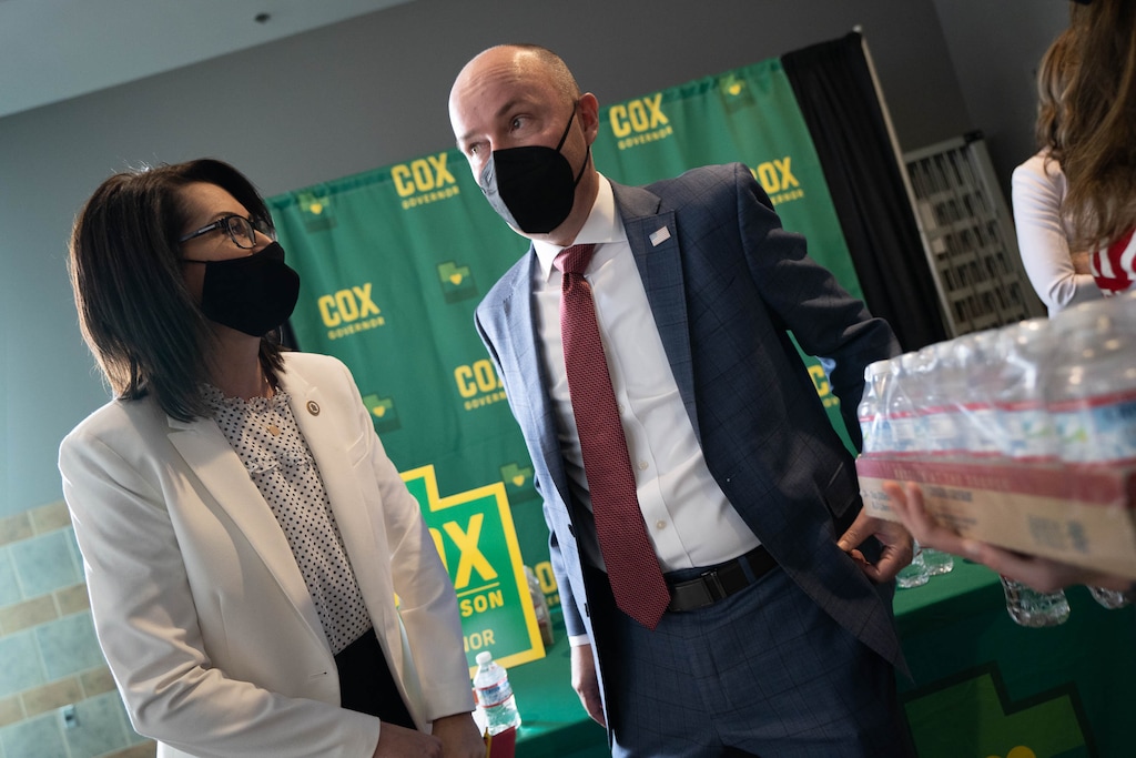 (Francisco Kjolseth | The Salt Lake Tribune) Lt. Gov. Deidre Henderson and Gov. Spencer Cox attend the Utah Republican Party’s 2021 Organizing Convention at the Maverik Center in West Valley City on Saturday, May 1, 2021, as they return to an in-person format after the pandemic forced the nominating convention to go online last year.