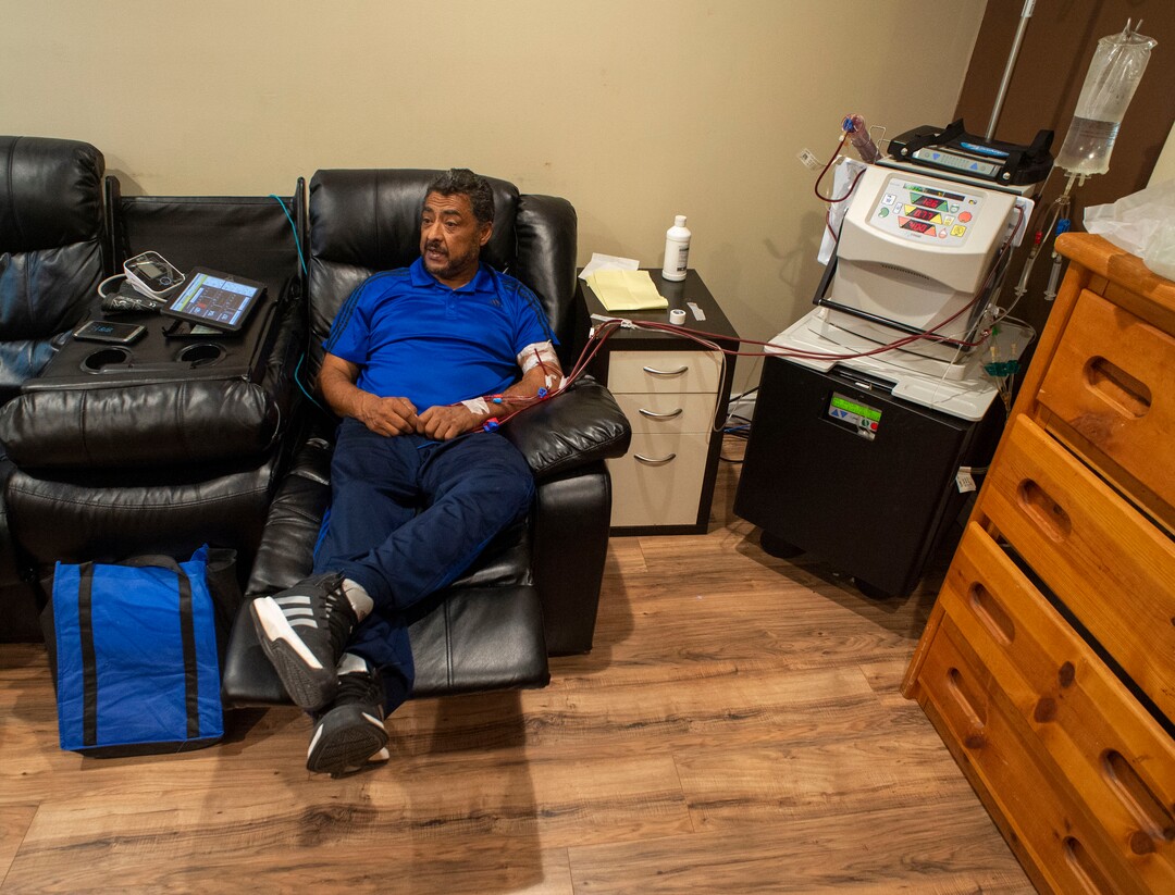 (Rick Egan  |  The Salt Lake Tribune)     Raul Gutierrez goes through the steps to setup his machine, as an in-home dialysis patient. Thursday, Sept. 5, 2019.