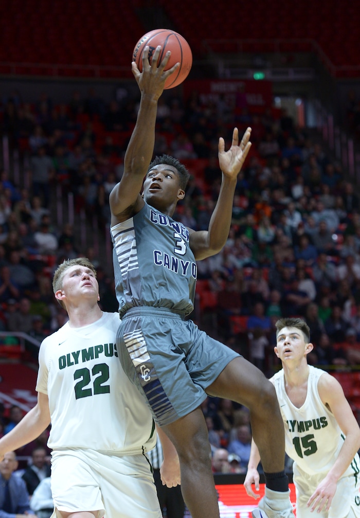 (Leah Hogsten | The Salt Lake Tribune) Corner Canyon's Josh Christensen (03). Olympus defeated Corner Canyon 76-49 to win the 5A High School BoysÕ Basketball Tournament Championship at the Jon M. Huntsman Center in Salt Lake City, Saturday, March 3, 2018.