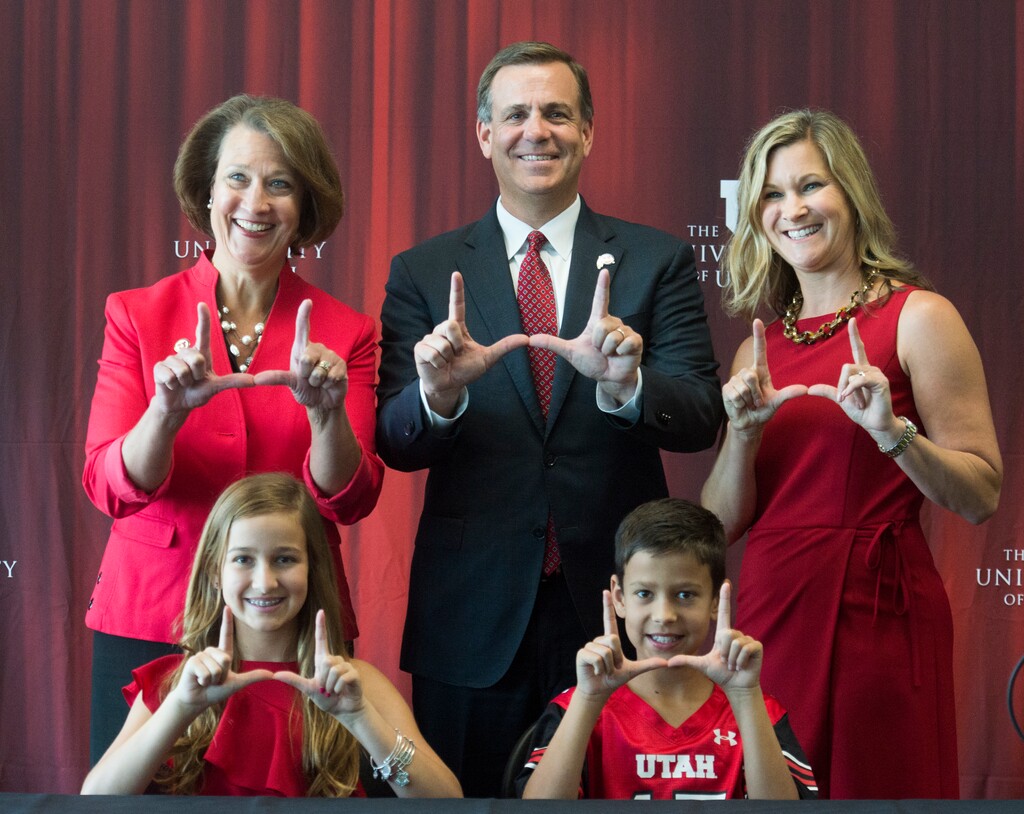 (Rick Egan  |  The Salt Lake Tribune)   University of Utah President Ruth V. Watkins poses with Mark Harlan, his wife Carolyn, and their children, Savanah 13, and Austin, 10, during a news conference at the Rice-Eccles Stadium,  Monday, June 4, 2018.
