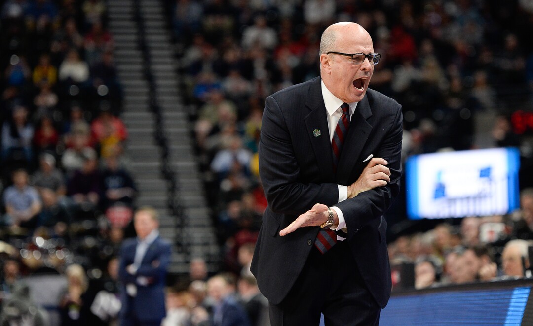(Francisco Kjolseth  |  The Salt Lake Tribune)  Fairleigh Dickinson Knights head coach Greg Herenda yells at his team as Gonzaga faces Fairleigh Dickinson in their first round menÕs NCAA March Madness tournament game at Vivint Smart Home Arena in Salt Lake City on Thursday, March 21, 2019.