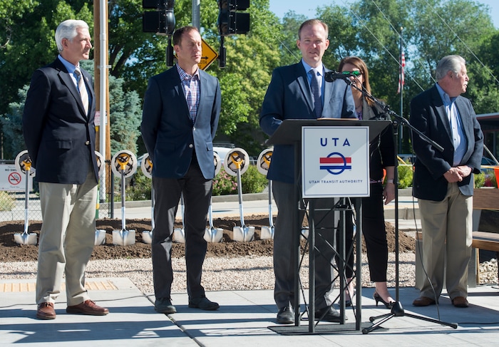 (Rick Egan  |  The Salt Lake Tribune)     Salt Lake County Mayor Ben McAdams, says a few words as , UTA’s Interim Executive Director Steve Meyer, WFRC Executive Director Andrew Gruber, Mark Isaac, Principal, Pinyon8 Consulting LLC and South Salt Lake City Council members met together to break ground on construction of UTA’s S-Line double track project, on 300 East and 2233 South, Monday, June 11, 2018.