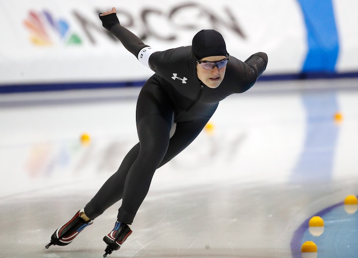 Carlijn Schoutens competes in the women's 1,500 meters during the U.S. Olympic long track speedskating trials, Saturday, Jan. 6, 2018, in Milwaukee. (AP Photo/John Locher)