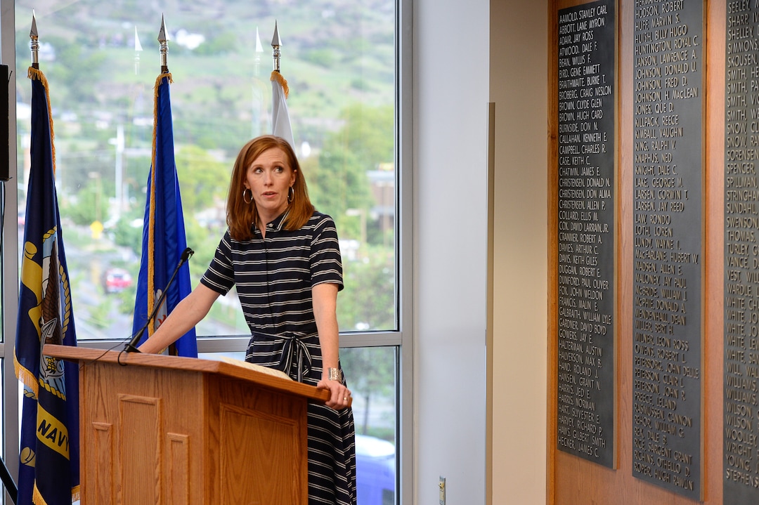 (Francisco Kjolseth  |  The Salt Lake Tribune)  Jennie Taylor, wife of Major Brent Taylor who was killed in action overseas in 2018, announces  the new Brent and Jennie Family Endowed Scholarship, awarded each year to an undergraduate political science student at BYU. Brigham Young University honored the life and legacy of Major Brent Taylor, former mayor of North Ogden and a BYU Army ROTC alumnus during a ceremony at the Ernest L. Wilkinson Student Center in Provo on Thursday, May 23, 2019.