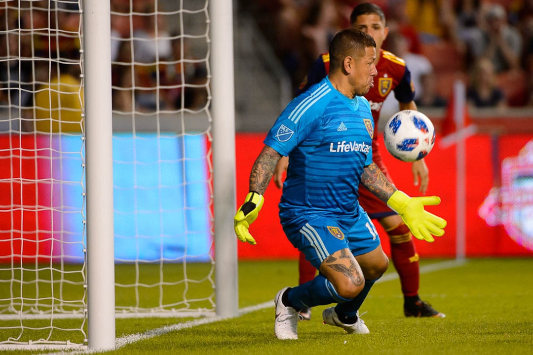 (Trent Nelson | The Salt Lake Tribune)  Real Salt Lake hosts FC Dallas, MLS soccer at Rio Tinto Stadium in Sandy, Saturday July 7, 2018. Real Salt Lake goalkeeper Nick Rimando (18) makes a save.