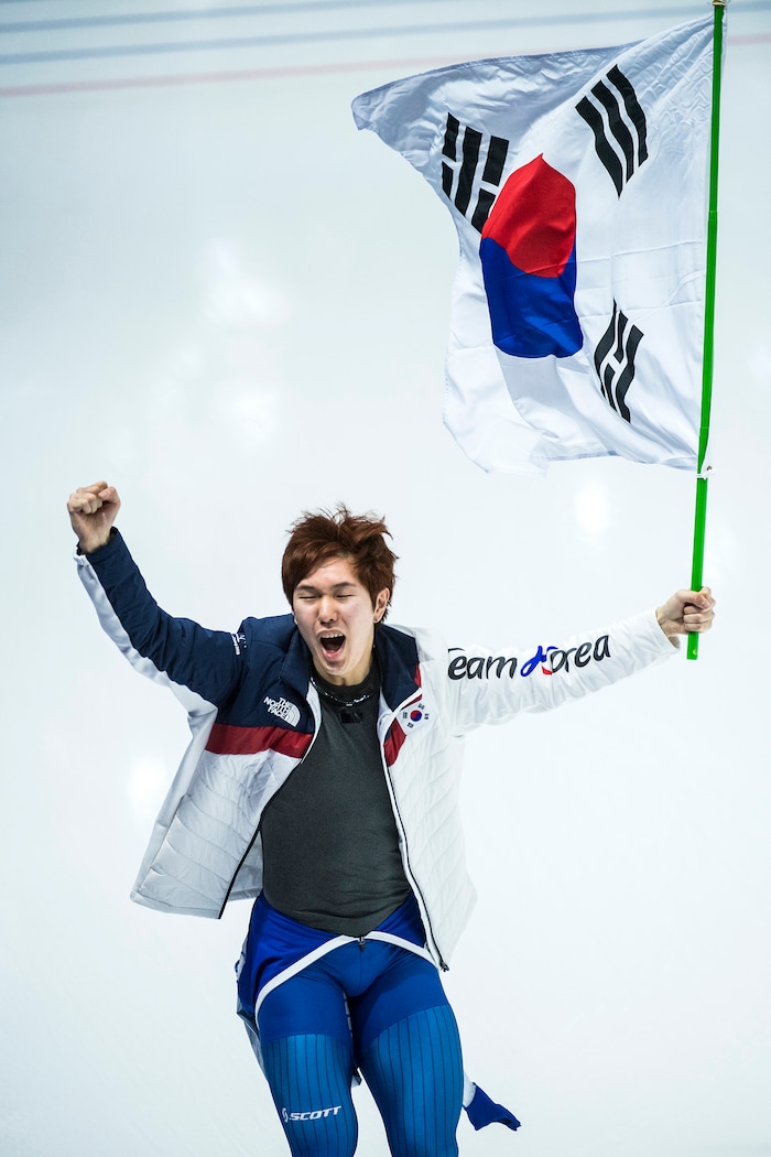 (Chris Detrick  |  The Salt Lake Tribune)  Tae-Yun Kim of Korea celebrates after the Men's 1,000m at Gangneung Oval during the Pyeongchang 2018 Winter Olympics Friday, Feb. 23, 2018. Kim finished in 3rd place with a time of 1:08.22. 