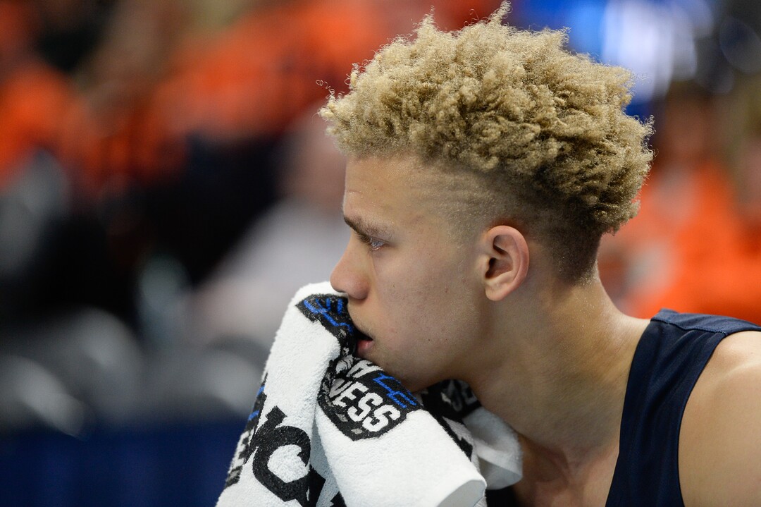 (Francisco Kjolseth  |  The Salt Lake Tribune)  Gonzaga Bulldogs forward Filip Petrusev (3) watches his team fall to Gonzaga in their first round menÕs NCAA March Madness tournament game at Vivint Smart Home Arena in Salt Lake City on Thursday, March 21, 2019.