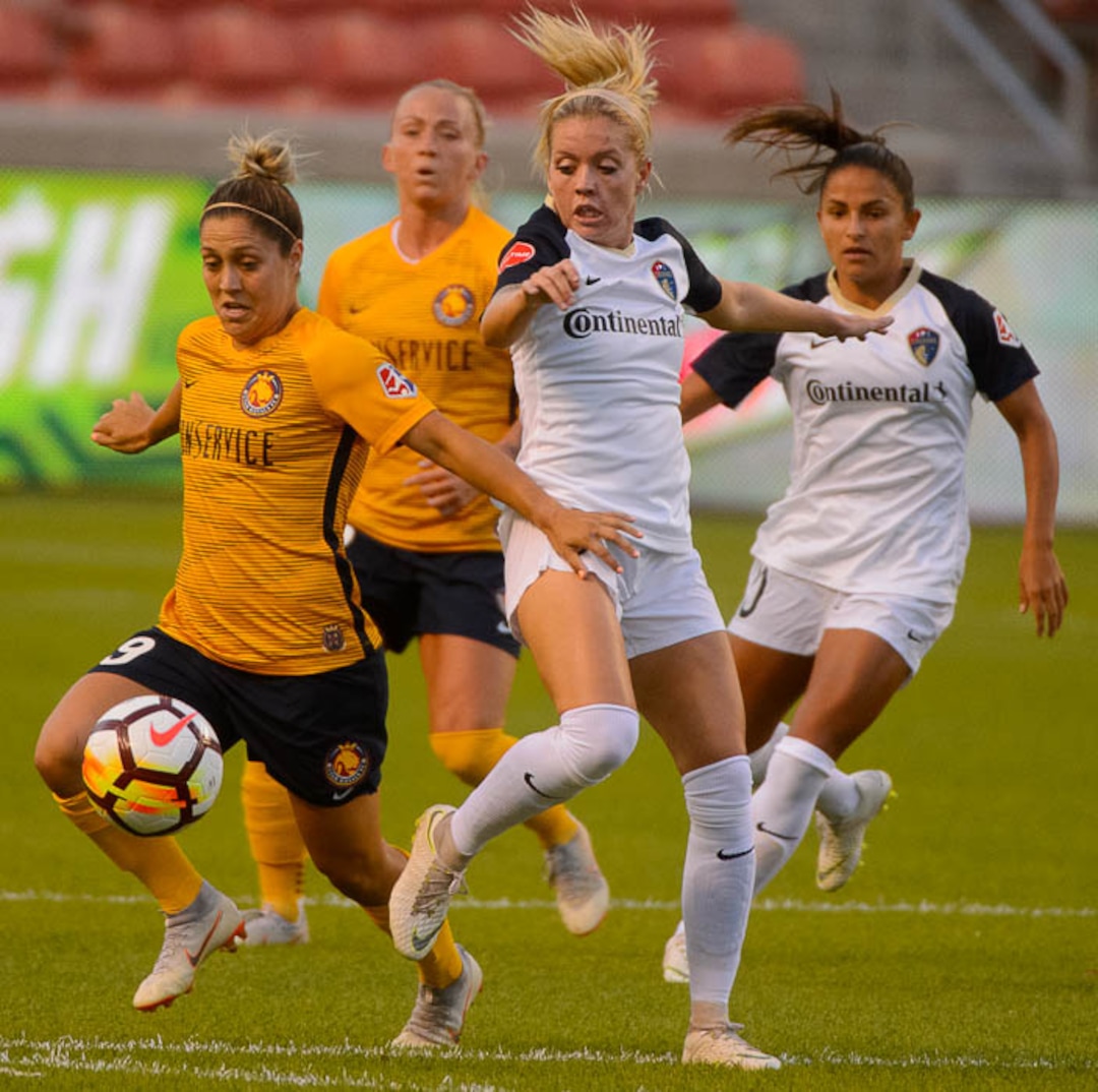(Trent Nelson | The Salt Lake Tribune)  Utah Royals FC host North Carolina Courage, NWSL soccer at Rio Tinto Stadium in Sandy, Friday July 20, 2018. Utah Royals FC midfielder Katrina Gorry (19) and North Carolina Courage midfielder Denise O'Sullivan (8).