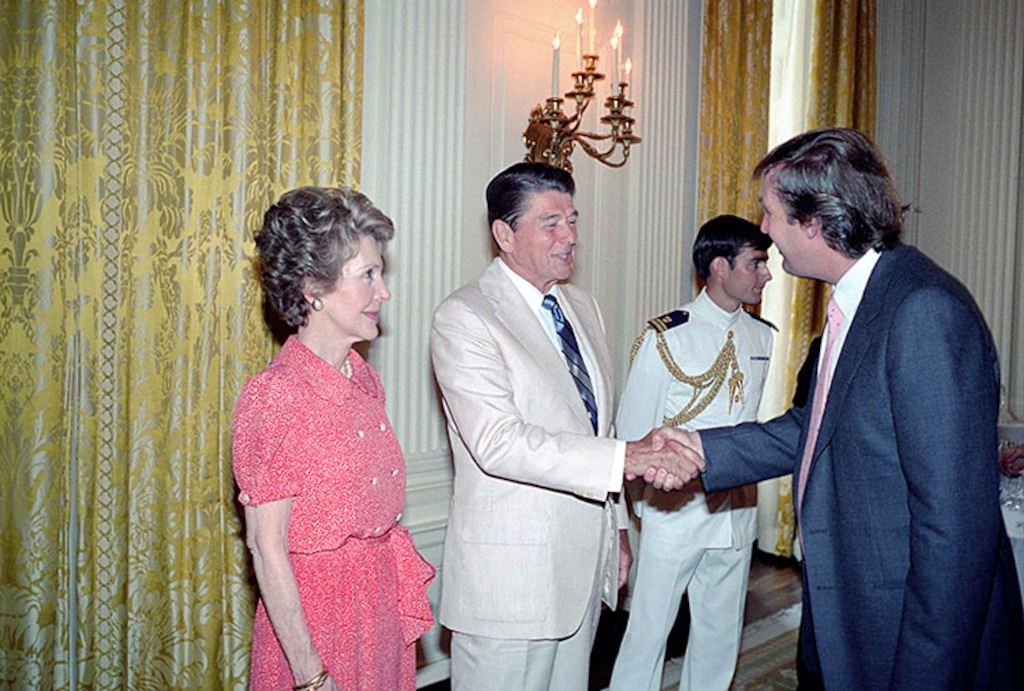 (Ronald Reagan Presidential Library and Museum) President Ronald Reagan and Nancy Reagan greet Donald Trump during a reception in August 1983.