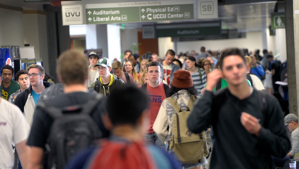 ( Al Hartmann | The Salt Lake Tribune file photo) Students at Utah Valley University head towards the Sorensen Student Center in October 2017. A newly released snapshot of enrollment at Utah public colleges shows a statewide 2.17 percent bump; UVU tallied the largest number of new students, at 2,649, an increase of 7.11 percent.