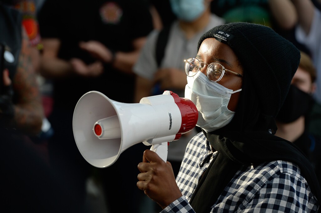 (Francisco Kjolseth  |  The Salt Lake Tribune) A young woman speaks out against police brutality on Tuesday, June 2, 2020, in downtown Salt Lake City.