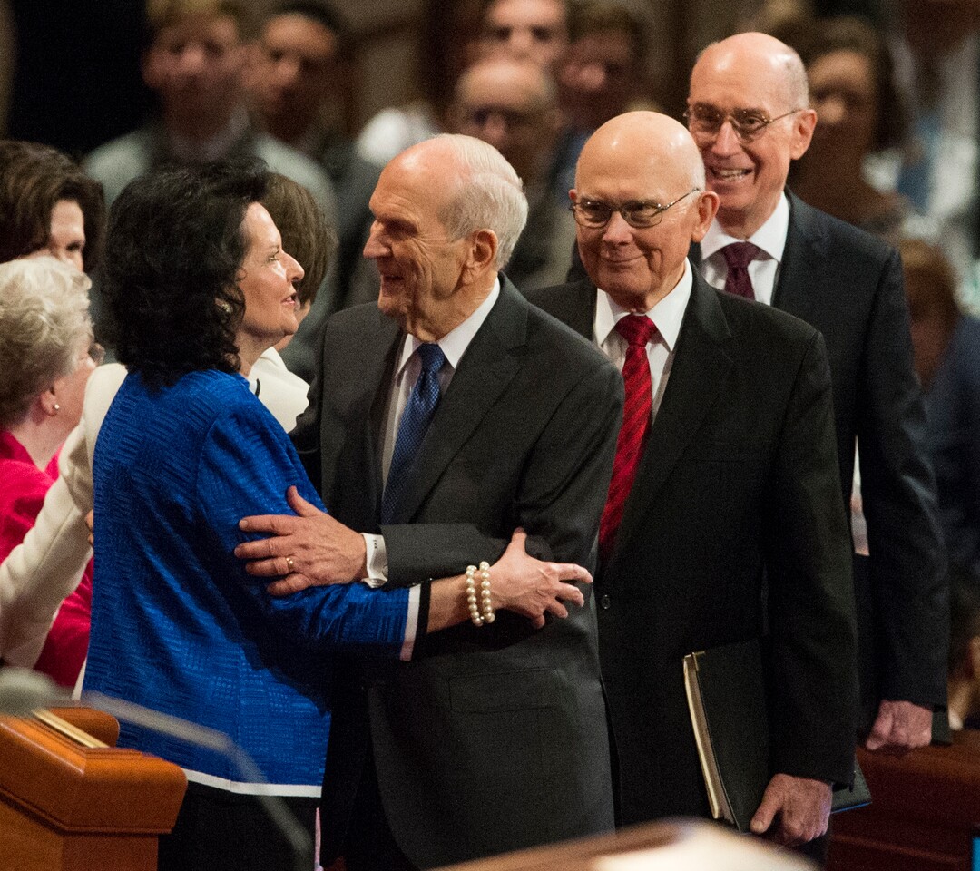 (Rick Egan  |  The Salt Lake Tribune)         President Russel M. Nelson greets his wife Wendy, before the Saturday morning session of the 188th Annual General Conference in Salt Lake City,  Saturday, March 31, 2018.
