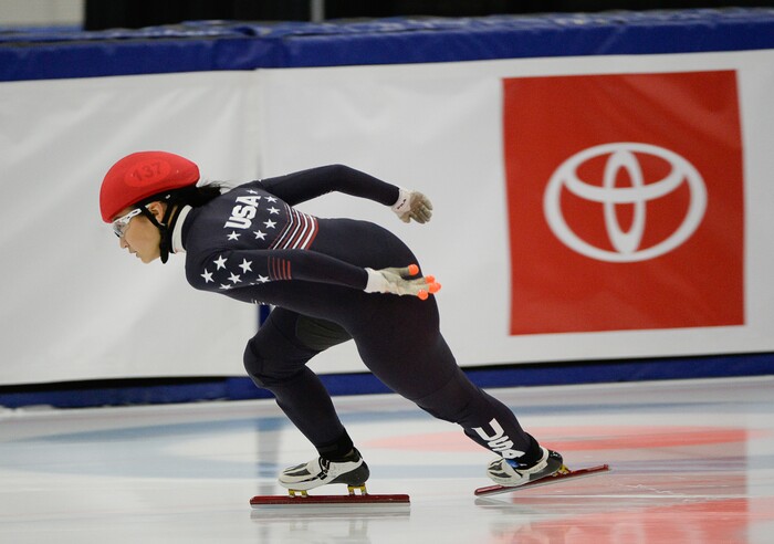 (Francisco Kjolseth  |  The Salt Lake Tribune) Hailey Choi competes in the 2000 meter mixed semifinal relay race as part of the U.S. Short Track Speedskating championships on Friday, Jan. 3, 2020, at the Utah Olympic Oval in Kearns.