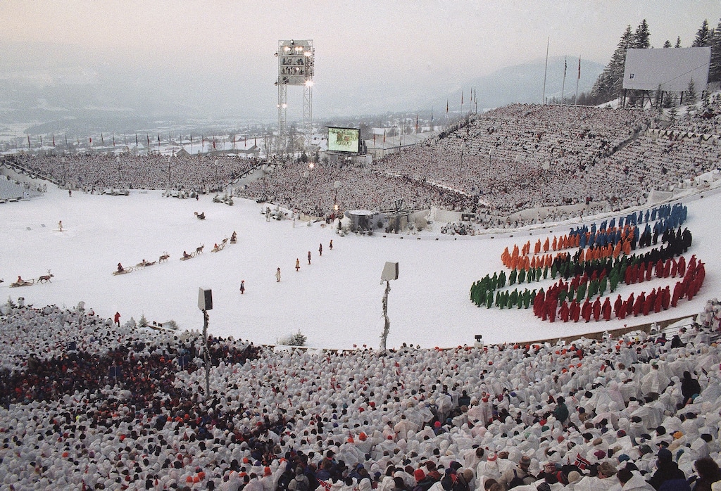 FILE - In this Feb. 12, 1994, file photo, the Olympic rings are formed on the ski jumping slope in Lillehammer, Norway, during the opening ceremonies for the 1994 Lillehammer Olympics. The Norwegian ski resort of Lillehammer, widely regarded as the most popular Winter Olympics, may bid again. (AP Photo/Katsumi Kasahara, File)