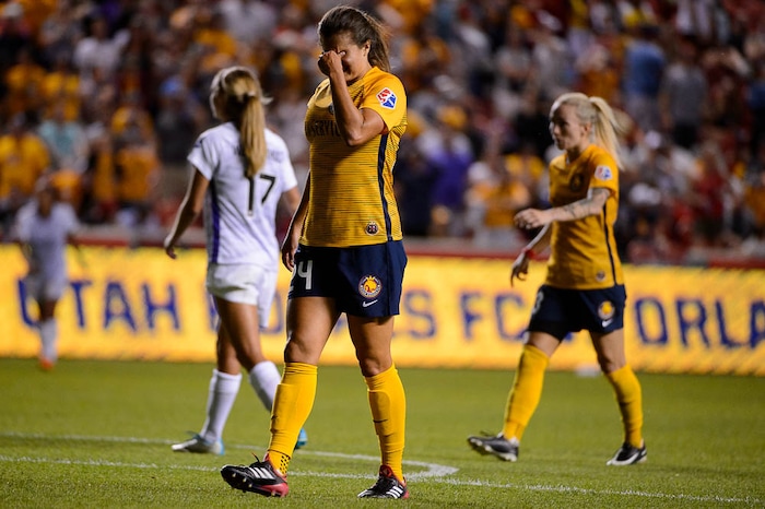 (Trent Nelson | The Salt Lake Tribune)  Utah Royals host Orlando Pride at Rio Tinto Stadium in Sandy, Wednesday May 9, 2018. Utah Royals FC forward Katie Stengel (24) reacts to a missed shot in the 89th minute of play.