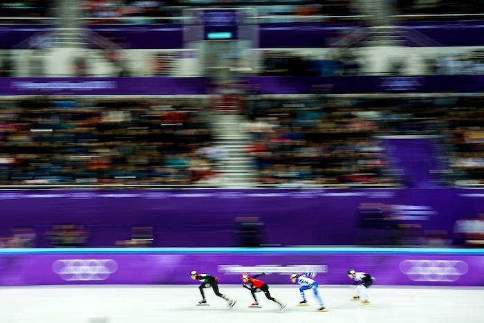 (Chris Detrick  |  The Salt Lake Tribune)  Ziwei Ren of China Aleksandr Shulginov of Olympic Athlete from Russia Nurbergen Zhumagaziyev of Kazakhstan and Sjinkie Knegt of the Netherlands race during the Men's 500m Short Track Speed Skating at Gangneung Ice Arena Pyeongchang 2018 Winter Olympics Tuesday, Feb. 20, 2018. 