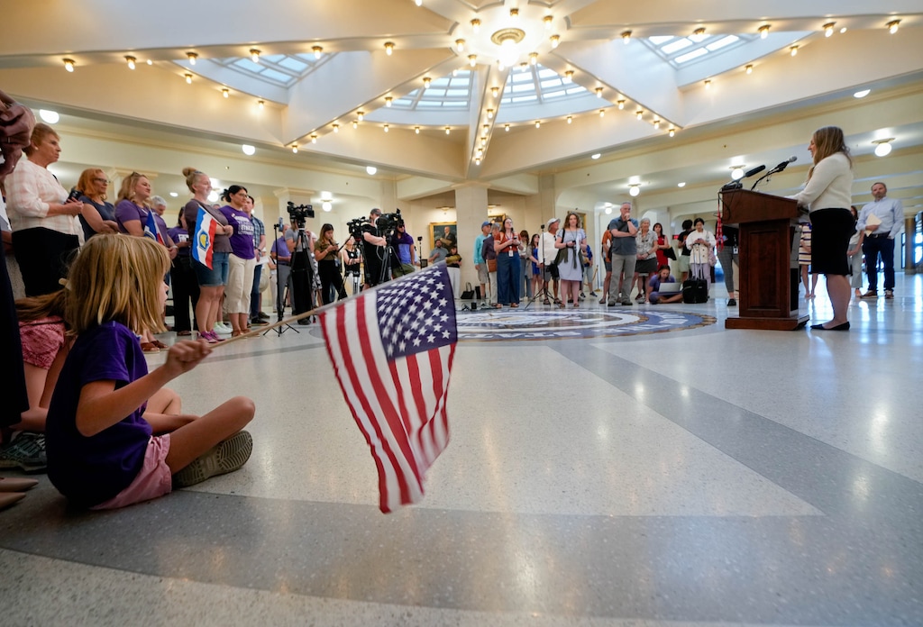 (Francisco Kjolseth  |  The Salt Lake Tribune) Supporters of the Better Boundaries Ballot Initiative gather at the Utah Capitol celebrate a Utah Supreme Court ruling that the Legislature overstepped its authority when it rewrote a 2018 voter-approved ballot initiative in drawing new congressional districts on Thursday, July 11, 2024.