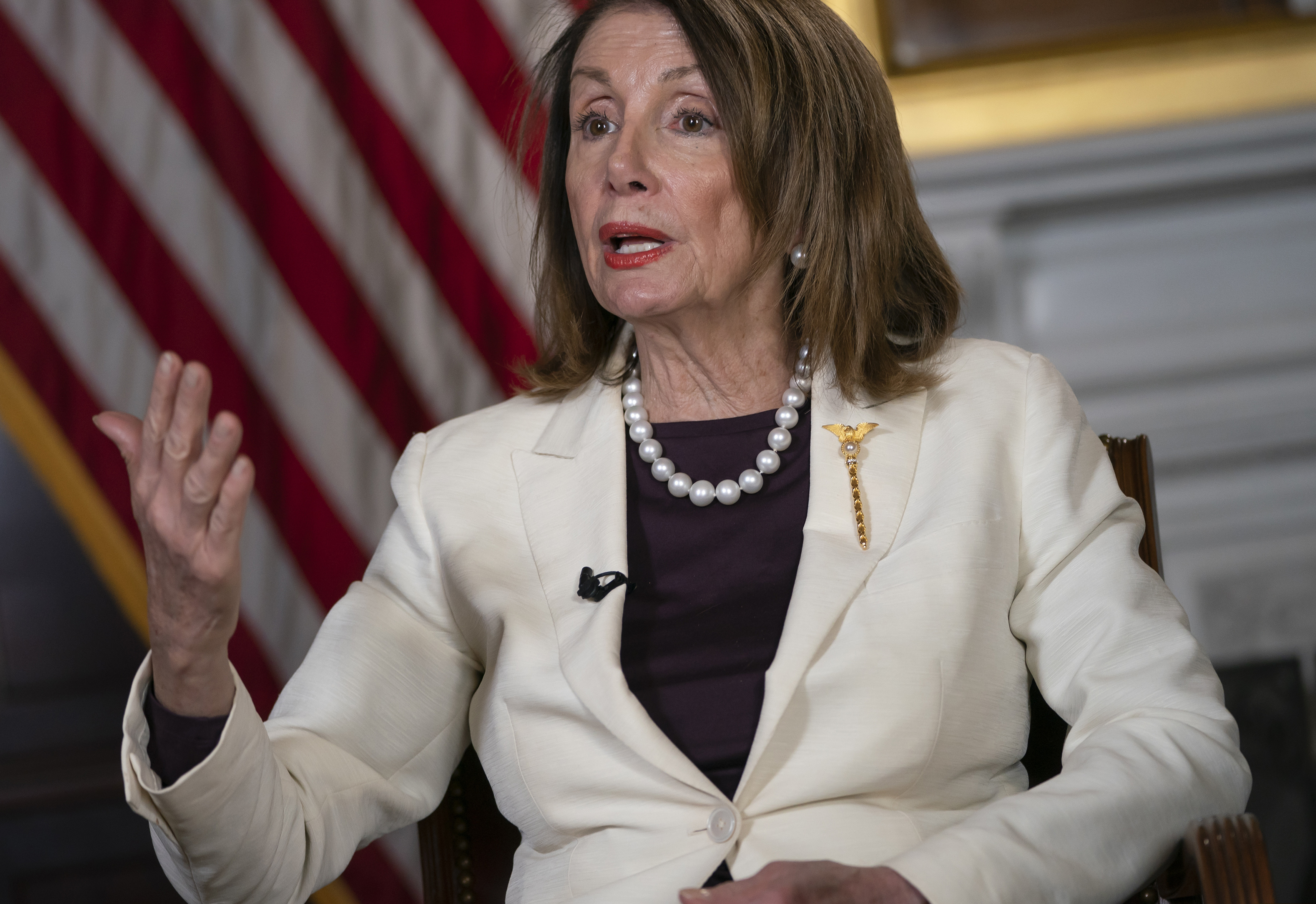 Speaker of the House Nancy Pelosi, D-Calif., speaks during an interview with The Associated Press in her office at the Capitol in Washington, Wednesday, April 10, 2019. (AP Photo/J. Scott Applewhite)