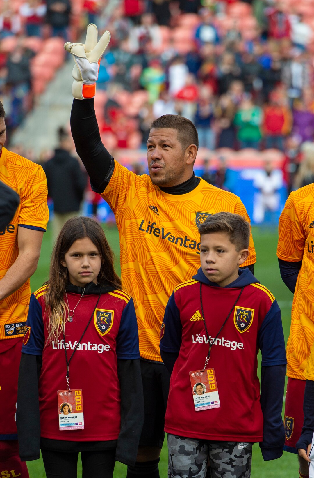 (Rick Egan  |  The Salt Lake Tribune)      Real Salt Lake goalkeeper Nick Rimando (18) waves to the crowd as he stands with his kids Benny and Jet Rimando for his last game Real Salt Lake, between Real Salt Lake and Houston Dynamo, at Rio Tinto Stadium, Sunday, Sept. 29, 2019.