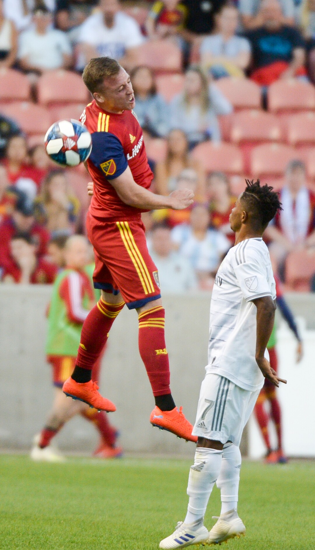 (Leah Hogsten  |  The Salt Lake Tribune) Real Salt Lake forward Corey Baird (17) wins the header as Real Salt Lake hosts Los Angeles Football Club in the fourth round of the Lamar Hunt U.S. Open Cup, June 11, 2019 at Rio Tinto Stadium in Sandy.