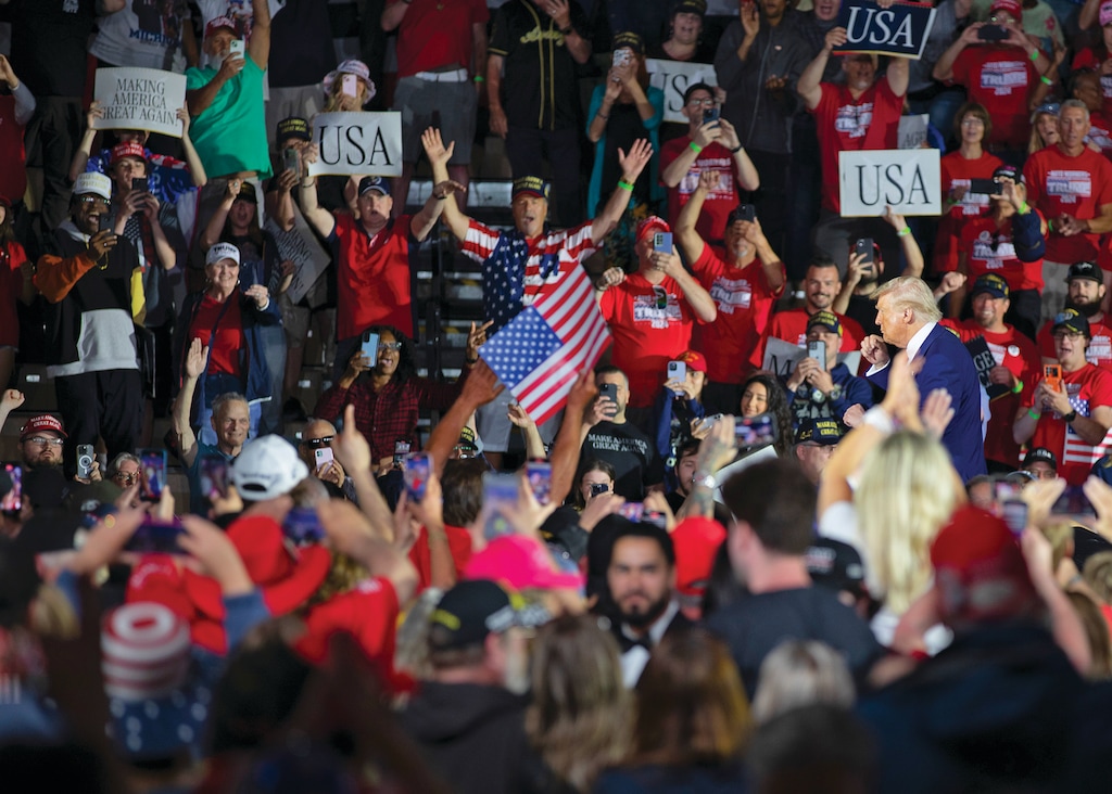 (Daniel Ribar | The New York Times) President Donald Trump on stage during his 100th day in office rally in Warren, Mich., on April 29, 2025. Of the endless torrent of illegal, unconstitutional — and anti-constitutional — actions flowing from the Trump administration, there are three that stand out for their contempt for the rule of law writes Janelle Bouie.