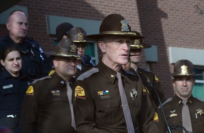 (Al Hartmann | The Salt Lake Tribune) Utah Highway Patrol Col. Michael Rapich speaks at a press conference with members of the South Jordan Police and Utah Highway Patrol to stand with Jan and Mike McMillian Thursday, Dec. 14, 2017. The McMillians described their family's loss when a drunken driver, who was driving the wrong direction on I-215, killed their adult son, Mikey, in 2015. South Jordan Police and the Utah Highway Patrol said that there will be increased patrols and enforcement over the holiday to catch drunken drivers.