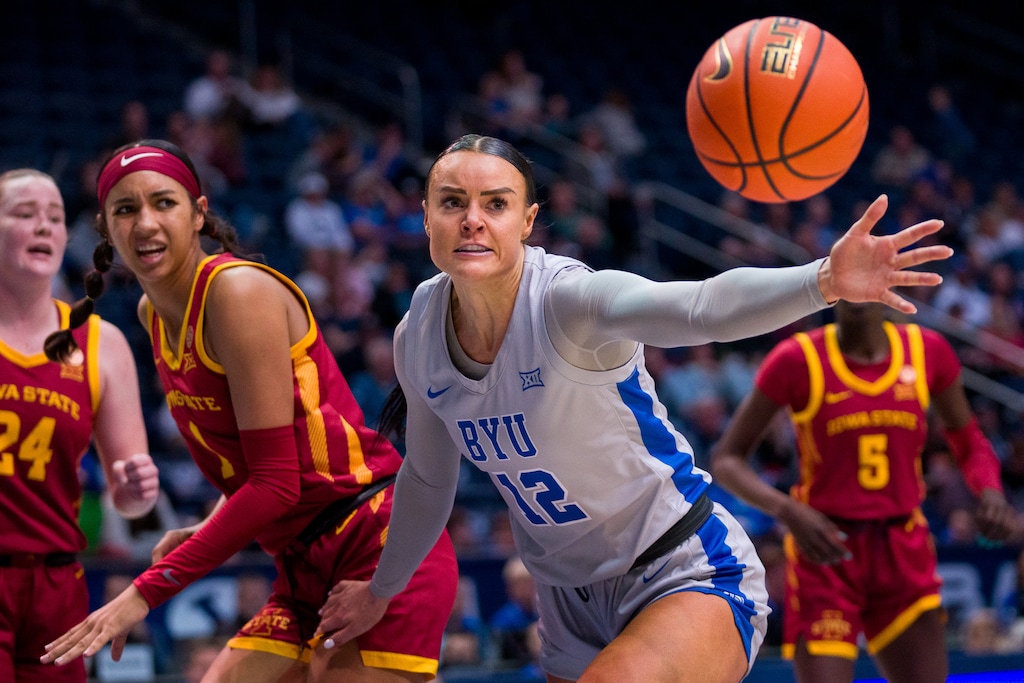 (Trent Nelson  |  The Salt Lake Tribune) BYU Cougars forward Lauren Gustin (12) as BYU hosts Iowa State, NCAA basketball in Provo on Saturday, Jan. 6, 2024.