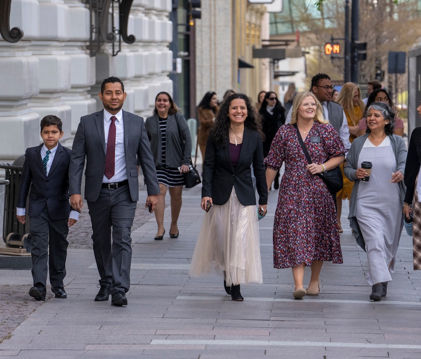 (Rick Egan | The Salt Lake Tribune) Latter-day Saint faithful walk to the Conference Center for the morning session of General Conference, on Saturday, April 2, 2022.
