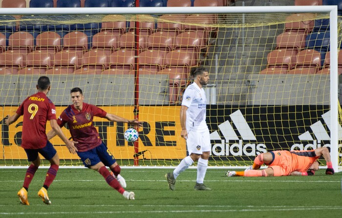 (Francisco Kjolseth  |  The Salt Lake Tribune) Real Salt Lake midfielder Damir Kreilach (8) scores on Los Angeles Galaxy goalkeeper David Bingham (1) as Real Salt Lake hosts L.A. Galaxy at Rio Tinto Stadium in Sandy on Wednesday, Sept. 23, 2020.