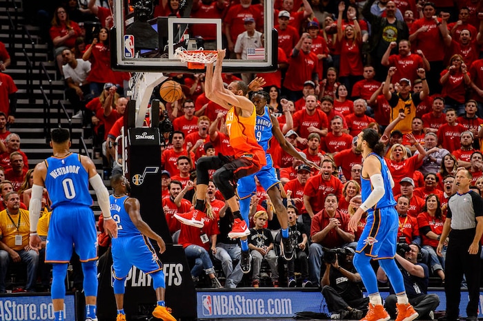 (Trent Nelson | The Salt Lake Tribune)  
Utah Jazz host the Oklahoma City Thunder, Game 3, NBA playoff basketball in Salt Lake City, Saturday April 21, 2018. Utah Jazz center Rudy Gobert (27) dunks to give the Jazz a twelve-point lead.