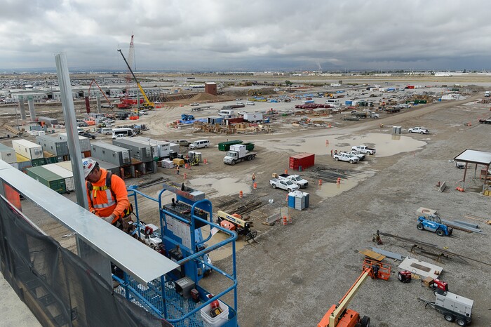 (Francisco Kjolseth  |  The Salt Lake Tribune)  The Salt Lake City Department of Airports gives a tour of the progress being made to replace the three aging terminals with a single central terminal building. Over time, the existing terminal, parking garage and concourses will be completely demolished and replaced with an estimated completion date of 2025.