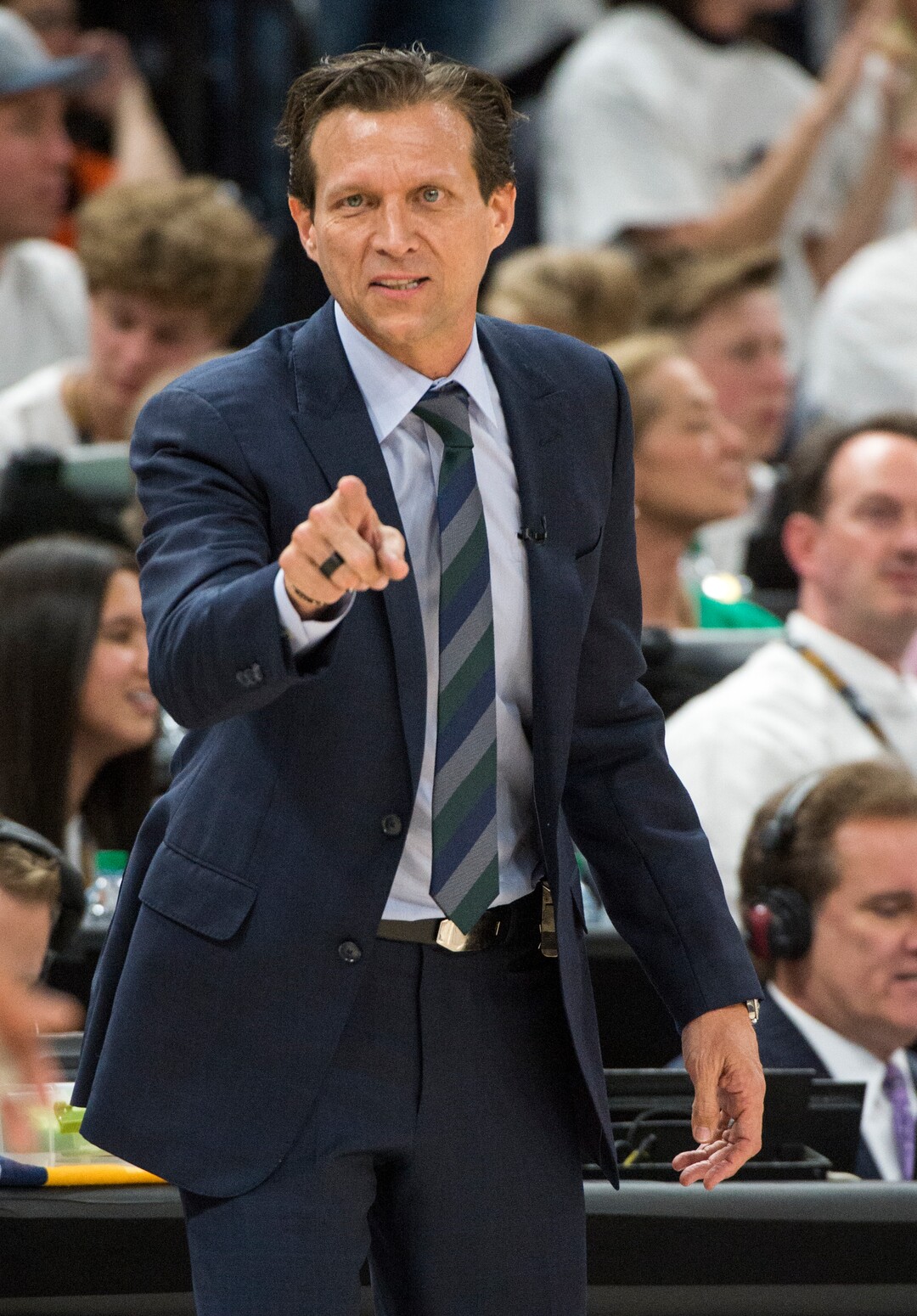 (Rick Egan  |  The Salt Lake Tribune)    Utah Jazz head coach Quin Snyder gives instructions to he is players, in game 4, NBA playoff action between Utah Jazz and Oklahoma City Thunder, in Salt Lake City, Monday April 23, 2018.