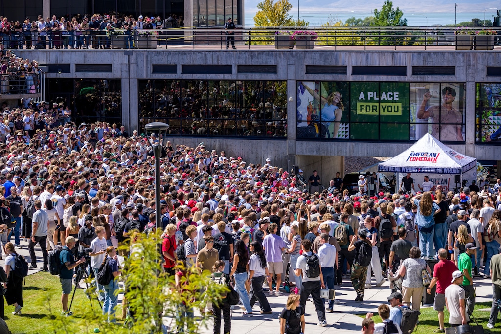 (Trent Nelson | The Salt Lake Tribune) Charlie Kirk appears at Utah Valley University in Orem on Wednesday, Sept. 10, 2025. A legal notice from the Kirk family alleges the university ignored security concerns ahead of the rally where Kirk was killed.