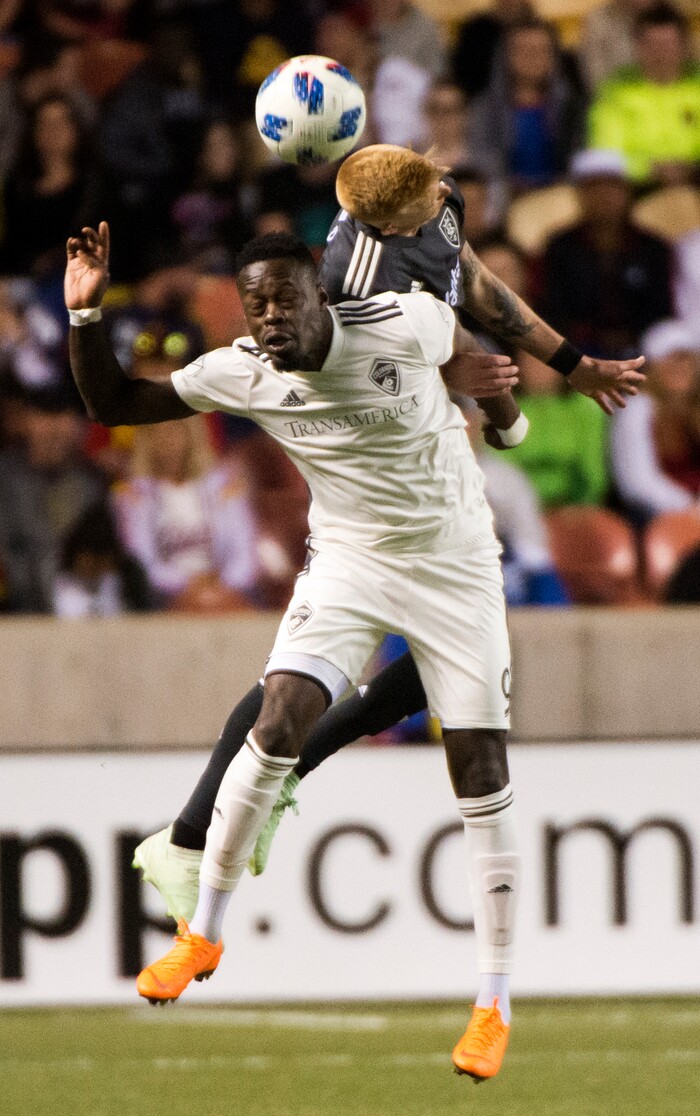 (Rick Egan  |  The Salt Lake Tribune) 
Real Salt Lake defender Justen Glad (15) and Yannicln Boli, in MLS soccer action, between Real Salt Lake and Colorado Rapids,  at Rio Tinto Stadium, Saturday, April 21, 2018.


