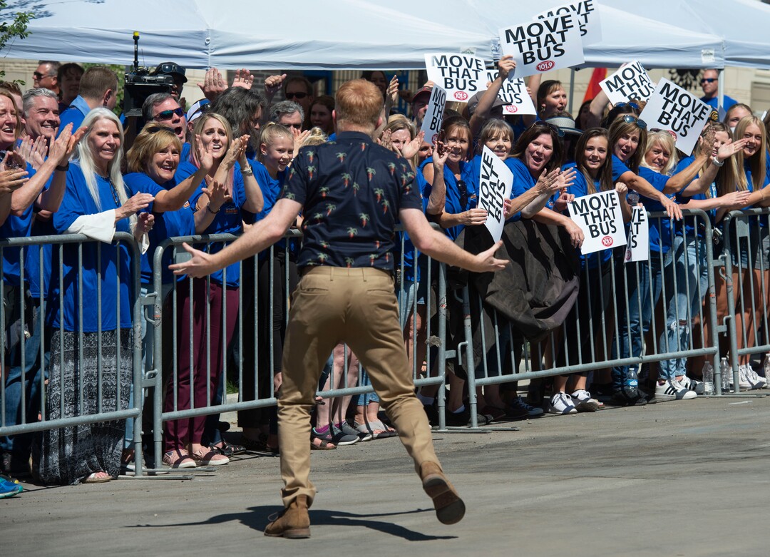 (Rick Egan | The Salt Lake Tribune) Jesse Tyler Ferguson gets the crowd going while filming an episode of the TV show "Extreme Makeover: Home Edition" in Ogden, Thursday, Aug. 15, 2019.