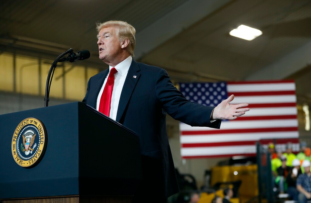 (Pablo Martinez Monsivais | The Associated Press) President Donald Trump speaks at Local 18 Richfield Training Facility, Thursday, March 29, 2018, in Richfield, Ohio.