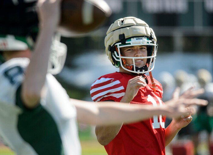 (Steve Griffin  |  The Salt Lake Tribune)  South Summit quarterback Kael Atkinson during practice in Kamas, Utah Tuesday September 26, 2017.
