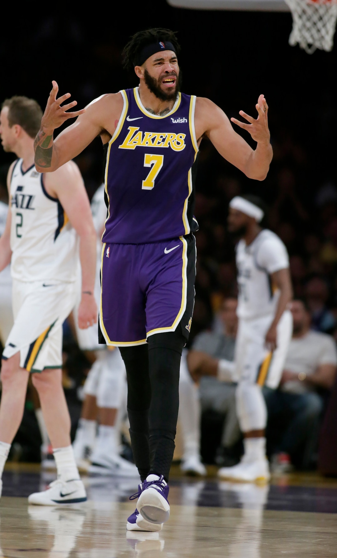 Los Angeles Lakers center JaVale McGee (7) questions a call during the first half of the team's NBA basketball game against the Utah Jazz in Los Angeles, Friday, Oct. 25, 2019. (AP Photo/Alex Gallardo)