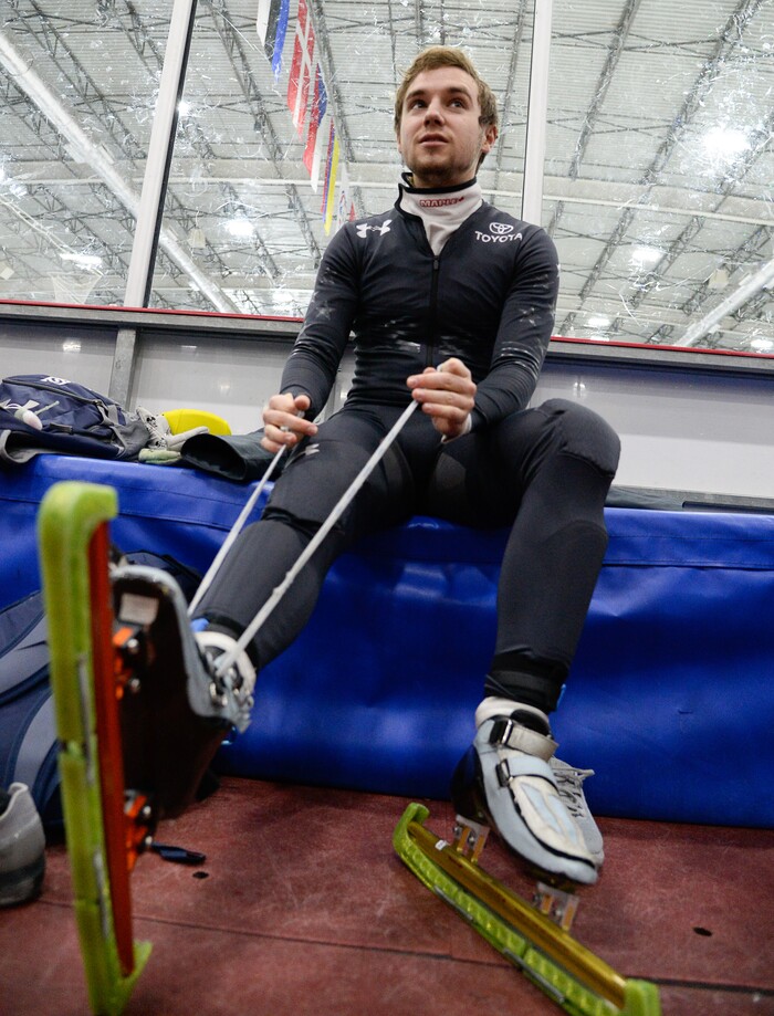 (Francisco Kjolseth  |  The Salt Lake Tribune) Ryan Pivirotto prepares for a semifinals mixed relay race as part of the U.S. Short Track Speedskating championships on Friday, Jan. 3, 2020, at the Utah Olympic Oval in Kearns.