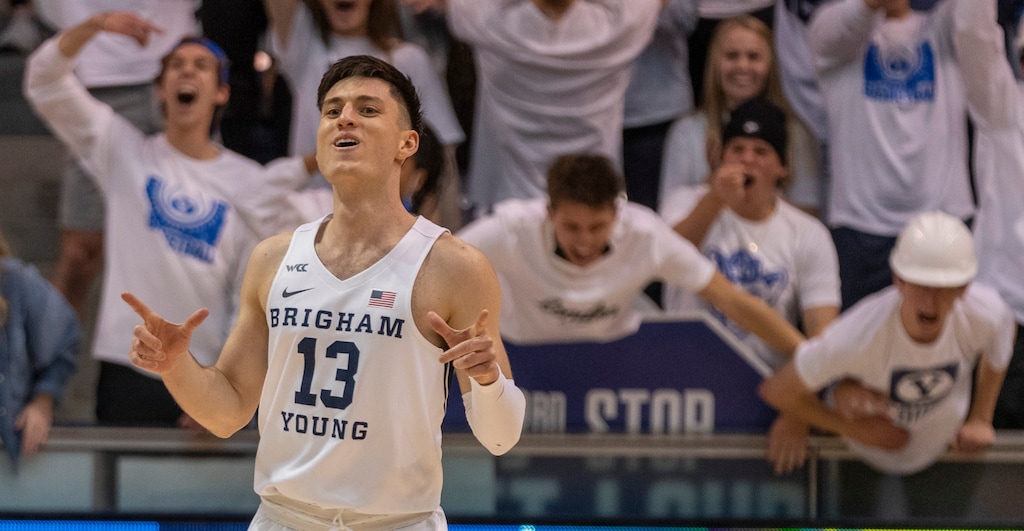 Rick Egan | The Salt Lake Tribune)  Brigham Young Cougars guard Alex Barcello (13) celebrates after putting the Cougars up by 10 points, with just over 2:00 left in the game, in WCC basketball action between the Brigham Young Cougars and the San Diego Toreros, at the Marriott Center, on Thursday, January 20, 2022.