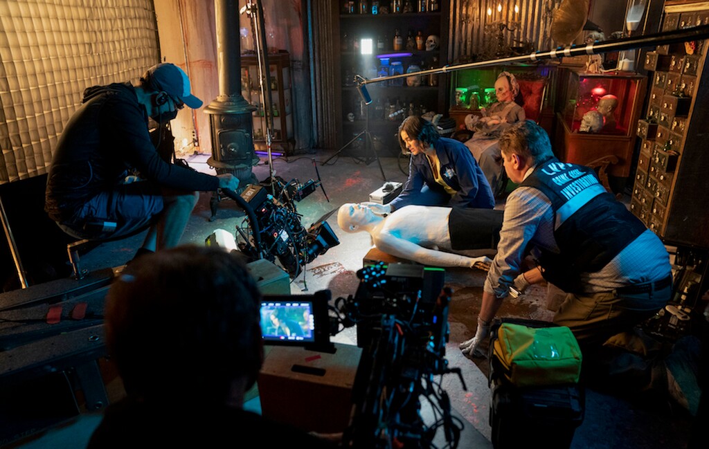 (Erik Voake | CBS) Mandeep Dhillon (center) as Allie Rajan during filming of a scene in "CSI: Vegas."