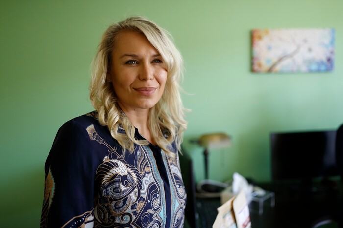 (Gregory Bull | AP) Katarina Maloney is pictured in her company’s offices in Carlsbad, Calif., on Aug. 27, 2019. Maloney is the CEO of Mathco Health Corporation, which sells products made with the cannabis extract CBD. Documents filed in a California court by a former employee, as well as interviews with two other former employees, link Maloney’s company to Yolo! brand CBD vape oil, a product that authorities blamed for sickening people in 2017 and 2018 because it was spiked with dangerous synthetic marijuana. Maloney said Mathco does not “engage in the manufacture, distribution or sale of any illegal products” and said the company can’t control what happens to products once they are shipped.