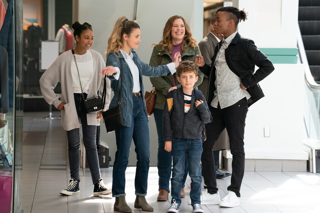 (Photo courtesy of BYUtv) Millie Davis as Amelia, Devin Cecchetto as Victoria, Kate Hewlett as Cleo, Charlie Zeltzer as Charlie, and Agape Mngomezulu as Nathan appear in "The Parker Andersons."