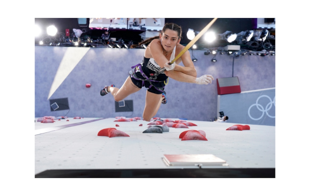 (Tsuyoshi Ueda | Pool photo) Kyra Condie, of the United States, during the speed qualification portion of the women's sport climbing competition at the 2020 Summer Olympics, Wednesday, Aug. 4, 2021, in Tokyo.